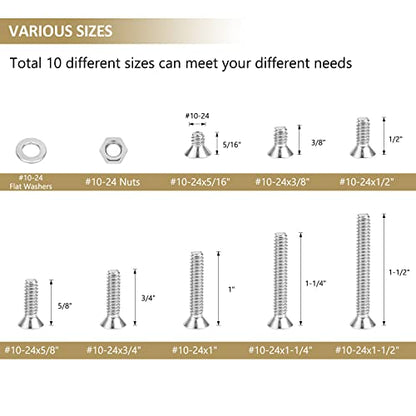 152 Pieces #10-24 x 5/16", 3/8", 1/2", 5/8", 3/4", 1", 1-1/4", 1-1/2", Countersunk Head Socket Cap Screws Nuts Washers Assortment Kit, 304 Stainless Steel, Fully Machine Thread - size: #10-24, style: Countersunk Head