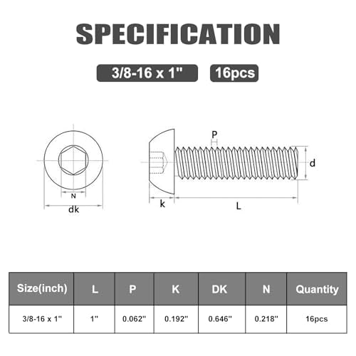 VGBUY 16Pcs 3/8-16 x 1 Button Head Socket Cap Bolts Screws, 304 Stainless Steel 18-8, Black Zinc Plated, Fully Threaded, with Spanner Allen Hex Drive - color: Black, size: 3/8-16 x 1"
