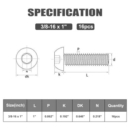 VGBUY 16Pcs 3/8-16 x 1 Button Head Socket Cap Bolts Screws, 304 Stainless Steel 18-8, Black Zinc Plated, Fully Threaded, with Spanner Allen Hex Drive - color: Black, size: 3/8-16 x 1"