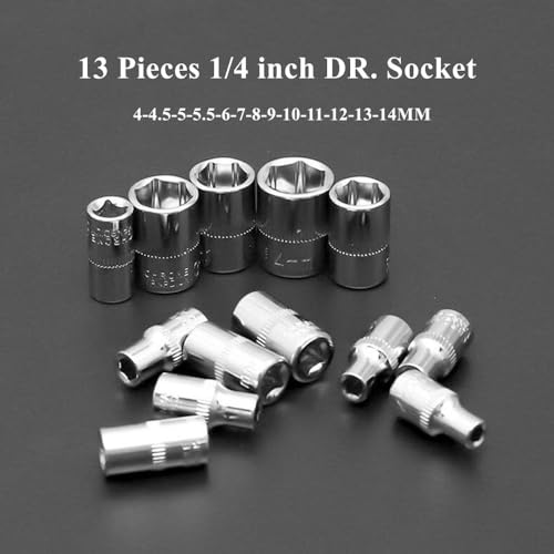 FLZOSPER 46-Piece 1/4-inch Screwdriver Drive Socket & Bit Set Combination with Reversible Ratchet Wrench Tools Kit for Auto Repairing & Household with Storage Case (Dark Grey Box) - color: Chrome