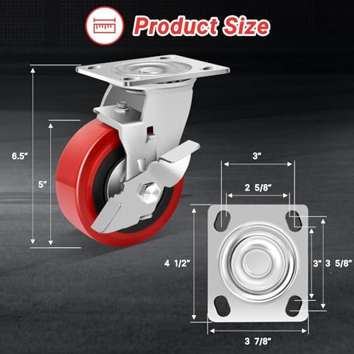 Nefish 5 Inch Industrial Grade Casters Wheels, Heavy Duty Polyurethane Casters Set of 4 with Dual Ball Bearing, Solid Polyurethane Wheel 3500 Lb, Plate Swivel Casters for, Industrial, Equipment - style: 5 IN (4 Brakes)