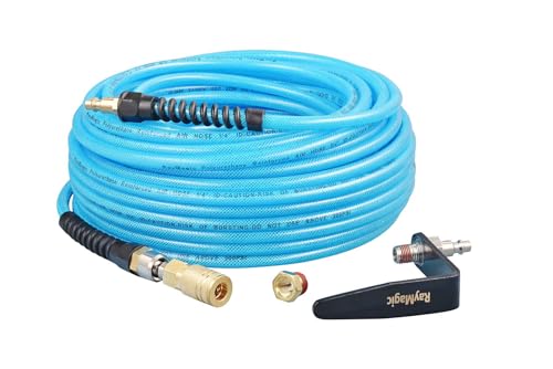 RayMagic Air Compressor Hose 1/4 Inch x 100 Feet Flexible Reinforced Polyurethane (PU) Air Hose 300PSI with Brass Fittings, Strain Reliefs, 1/4" 360 Swivel Coupler and Plug,1PCS Hook For Nailer, Blue - color: Blue