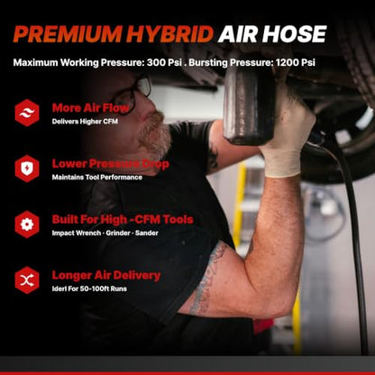 Hybrid Air Hose 3/8-Inch by 100-Feet, Heavy Duty Air Compressor Hose, Lightweight, Kink Resistant, Flexible In Extreme Cold Weather, Excellent UV, Oil and Abrasion Resistant,300 PSI - size: 100FT