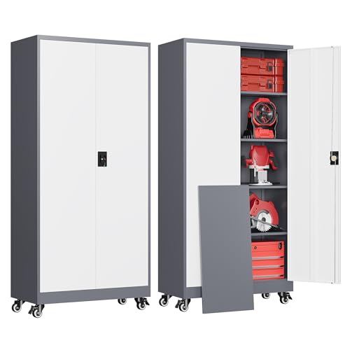 Garage Cabinet with Wheels and Adjustable Shelves, Metal Garage Storage Cabinets with 2 Doors, Storage Caninet with Lock, Large Tool Cabnet for Workshop/Home/Office-(Gray White 75”H) - color: Gray White, size: 75"H