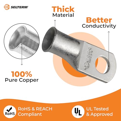 SELTERM 10pcs 1 AWG-5/16" Stud Marine Grade Tinned Copper Wire Battery Lugs - color: Tinned Copper Lugs, size: 1 Awg - 5/16" (M8) Ring