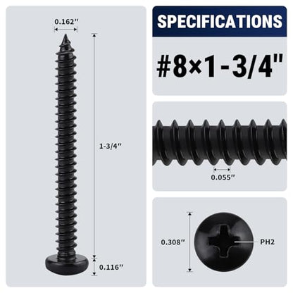 #8 x 1-3/4" (50 Pack) Stainless Steel Pan Head Self Tapping Screws, 304 SS (18-8) Black Coated, Phillips Drive Round Head Corrosion Resistant Screws for Wood & Sheet Metal - size: #8 x 1-3/4"