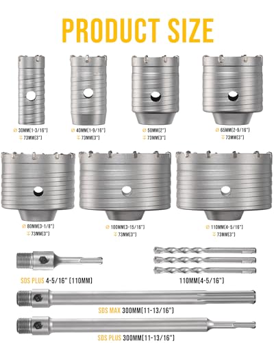 TGFTGF 19PCS Concrete Hole Saw Kit with 300/110mm SDS Plus & 300mm Max Shank and 3 Drill Bits, 30/40/50/65/80/100/110mm Hole Saw Kit, Masonry Hole Cutter Set for Brick, Cement, Stone, Wall Drilling - size: 19PCS - (1-3/16” to 4-5/16”)
