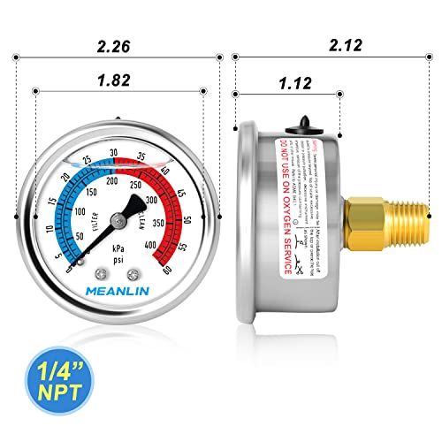 MEANLIN MEASURE 1/4" NPT 0-60psi Pressure Gauge, 2" Dial Glycerine Filled Pool Filter, 304 Stainless Steel Housing, Back Mount, with 1/2" NPT and 3/8" NPT Hex Bushing - size: 0-60Psi/0-400Kpa, style: Center Back Mount