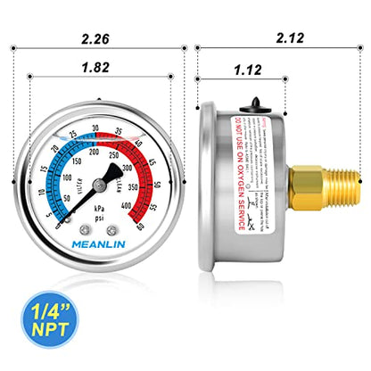 MEANLIN MEASURE 1/4" NPT 0-60psi Pressure Gauge, 2" Dial Glycerine Filled Pool Filter, 304 Stainless Steel Housing, Back Mount, with 1/2" NPT and 3/8" NPT Hex Bushing - size: 0-60Psi/0-400Kpa, style: Center Back Mount