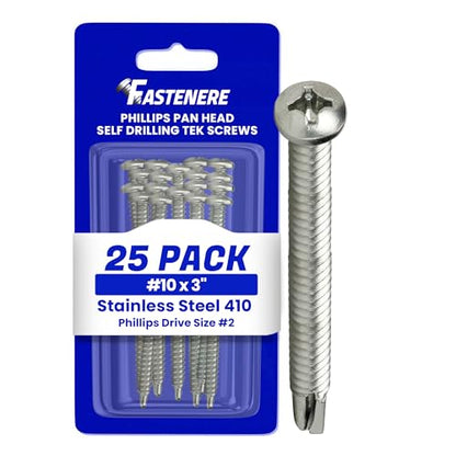 Fastenere Pan Head Self Drilling Tek Screws - #10 x 3 (25Pack) Stainless Steel 410, Full Thread, Bright Plain Finish, Corrosion-Resistant, Self-Drilling, Easy to Install w/Phillips Drive Size #2 - size: #10 x 3" (25 Pack)