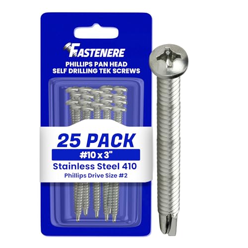 Fastenere Pan Head Self Drilling Tek Screws - #10 x 3 (25Pack) Stainless Steel 410, Full Thread, Bright Plain Finish, Corrosion-Resistant, Self-Drilling, Easy to Install w/Phillips Drive Size #2 - size: #10 x 3" (25 Pack)