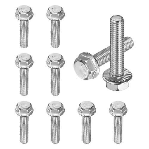 M METERXITY 10 Pack Flanged Hex Head Bolts, M8 x 35mm 304 Stainless Steel External Hex Drive Screws, Metric Fully Threaded Screw for Furniture Car DIY Project [Silver Tone] - size: M8 x 35mm