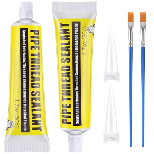 Threlaco 2 Pcs Soft Set Pipe Thread Sealant, 1-3/4 Ounce Non Hardening Paste with 2 Brush for Metal & Plastic Leak Proof, Temp Range -100°F to 600°F, Drip Resistant Ideal for Plumbing & HVAC