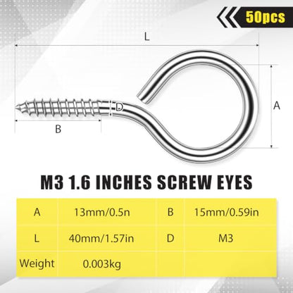 50 Pcs 304 Stainless Steel Screw Eye Hooks, M3-1.6 Inch - size: M3-1.6 Inch