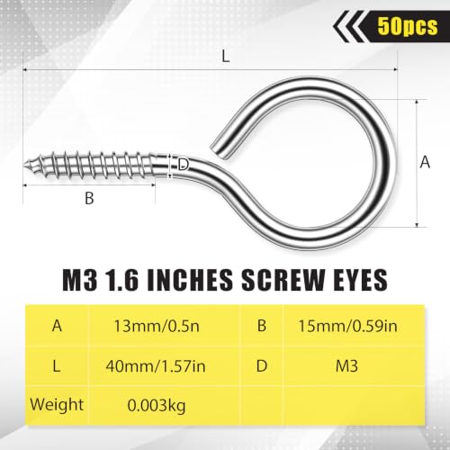 50 Pcs 304 Stainless Steel Screw Eye Hooks, M3-1.6 Inch - size: M3-1.6 Inch