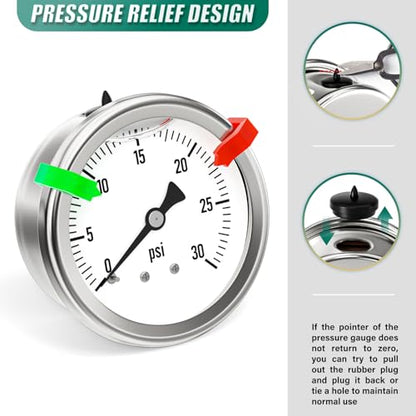 0-30PSI Stainless Steel Liquid Filled Pressure Gauge, 2.5" Single Scale Face Dial, 1/4" NPT Back Mount, for Tube, Water Pump, Gas, Liquid, Pressure Test (with Range Mark Pointer) - size: 0-30 psi