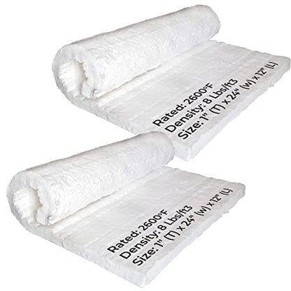 2 Pcs Ceramic Fiber Insulation Blanket 8# Density 2600F, 1" Thick x12"x 24" - size: 1" Thick x 12" x 24" - 2 Piece