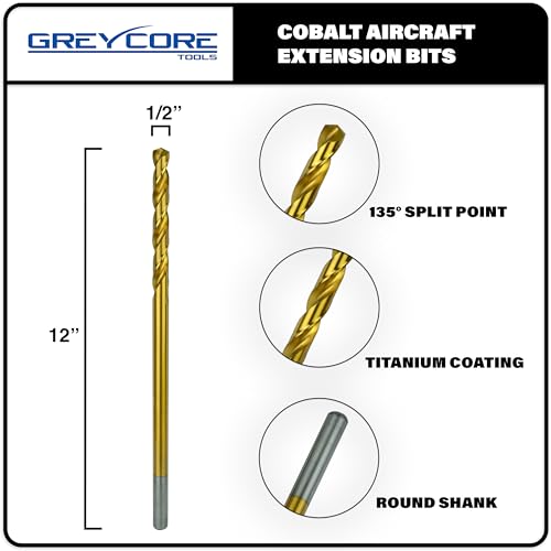 Greycore Tools 1/2 Inch x 12 Inch Cobalt Aircraft Extension Bit – M35 Cobalt Drill Bit, Industrial Titanium Coating – Drill Bits for Steel, Hard Metal, Cast Iron, Wood, Plastic (1/2" x 12") - size: 1/2" x 12", style: 12" Length