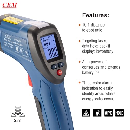 CEM DT-8666 Digital Infrared Meat Thermometer Gun,DS10:1 Instant Read Laser Temperature Gun for Griddle,Grill,Oven,Pizza, Thermal Air Heat Leak Detector for Industrial Repairs with Color Light Alarm