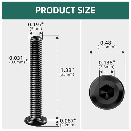 20Pcs M5-0.8 x 35mm Flat Head Socket Cap Screws Bolts 304 Stainless Steel Black Zinc Plated Furniture Bolts, Fully Threaded M5 Bolt with Hex Spanner - size: M5 x 35mm