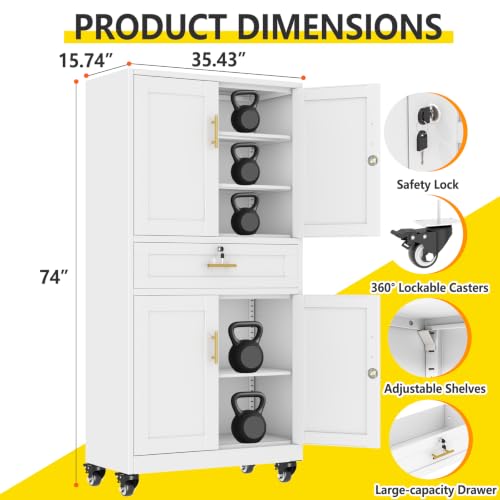 pozdeg 74" White Lockable Rolling Metal Garage Storage Cabinet - color: White, size: 15.74"D x 35.43"W x 74"H