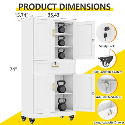 pozdeg 74" White Lockable Rolling Metal Garage Storage Cabinet - color: White, size: 15.74"D x 35.43"W x 74"H