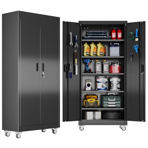 71" Metal Storage Cabinet with Wheels, 5 Adjustable Shelves, Black - color: Black, size: 16"D x 32"W x 71"H