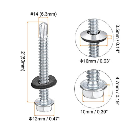 uxcell #14 x 2 Self Drilling Screws with Rubber Washer, 100pcs Zinc Plated Steel Roofing Screws Hex Head Self Tapping Screws with EPDM Washer for Metal to Metal - size: #14 x 2"