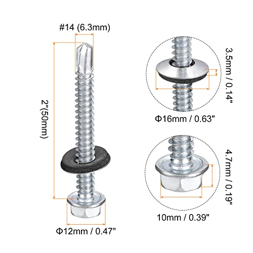 uxcell #14 x 2 Self Drilling Screws with Rubber Washer, 100pcs Zinc Plated Steel Roofing Screws Hex Head Self Tapping Screws with EPDM Washer for Metal to Metal - size: #14 x 2"