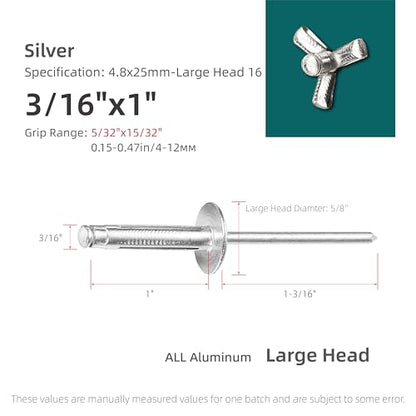50Pcs Trifold Aluminum Exploding Blind Rivets, 3/16"x1" Large Head 5/8" - color: Silver, size: 3/16"x1" Large Head 5/8"
