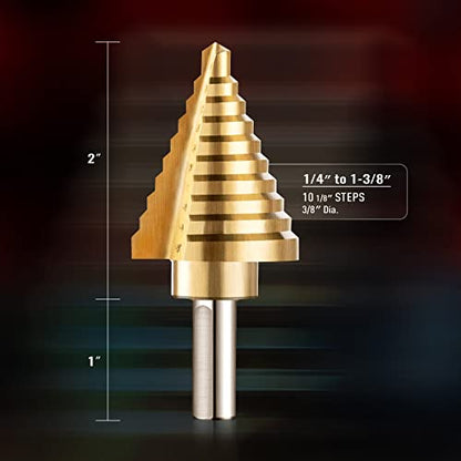 ZELCAN 10 Sizes Titanium Step Drill Bit, 1/4 to 1-3/8 Inches High Speed Steel Drill Cone Bits for Sheet Metal Hole Drilling Cutting, HSS Multi Size Hole Stepped Up Unibit for DIY Lovers Electrician