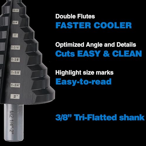 M2 HSS Step Drill Bit Unibit, 1/4"-2", Metal Wood Plastic - size: 2 in