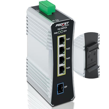 PROCET Gigabit PoE Switch 4-Port Din Rail, 90W/Port, Industrial PoE++ Fiber Media Converter with Wide Temp -40°F to 149°F, SFP Slot, IEEE802.3af/802.3at/802.3bt, PT-PIS4PB1S