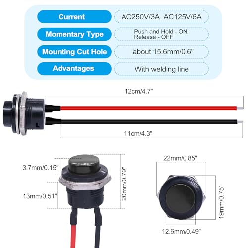 Twidec/6Pcs Momentary Push Button Switch SPST AC250V/3A AC125V/6A Mini Off(ON) ON Black with Pre-soldered Wires R13-507BK-X - color: Black-16mm, size: Momentary