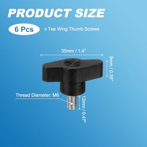 PATIKIL M6 x 12mm Tee Wing Thumb Screws, 6Pcs Carbon Steel Mechanical Handle Bolt Thumb Screws for Remove Replace Hand Clamping Tightening Knobs Power Supply, Black - size: M6 x 12mm
