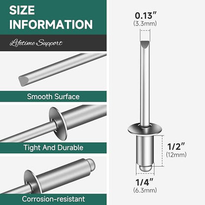 150 Pcs 1/4" x 1/2" Aluminum Blind Pro Rivets, 6.4 x 12mm Pop Rivets, 1/4 Rivet Aluminum Grip and Steel Mandrel - color: Silver, size: 1/4" x 1/2"