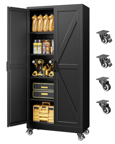 75"Metal Garage Storage Cabinets with Wheels & Adjustable 4 Shelves - color: Black, size: 74.5"H x 31.5"W x 15.7"D - B