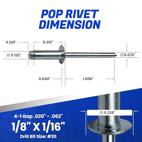 Fastenere Pop Rivets - 1/8" x 1/16" (100 pcs) Heavy Duty, Open-End, Low Carbon Steel, Dome-Head Blind Rivets, Corrosion-Resistant & High Shear Strength, 4-1 Gap 0.020"-0.062" - size: 1/8" x 1/16" (4-1) (100 Pack)