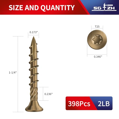 #8 x 1-1/4" Deck Screws (398Pcs) 2lb. Carbon Steel, Yellow, Flat Head, Rust Resistant epoxy Coated, with T25 Star Bit - color: Yellow, size: #8 x 1-1/4"