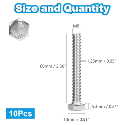 10 Pcs M8 Hex Bolts M8-1.25 x 60mm Hex Head Screw Bolt - size: M8-1.25 x 60mm