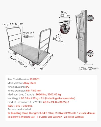 VEVOR 2 in 1Platform Truck, 2650 LBS Heavy Duty Flatbed Cart Dolly with Detachable Rear Guardrail and Swivel Wheels, Foldable Hand Push Truck Cart for Groceries, Garage, Warehouse (48"×24") - size: 48.0 x 24.0 x 36.2 in/1220 x 610 x 920 mm