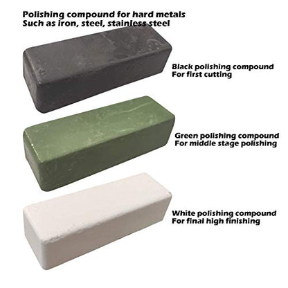 PURUI 6PC 6 Inch Stainless Steel Polishing Buffing Wheel Kit for Bench Grinder,kit with Each 1PC 1/2 Inch Arbor Hole Sisal/Denim/Cotton Wheel and Each 1PC 100g Bar Black/Green/White Polishing Compound