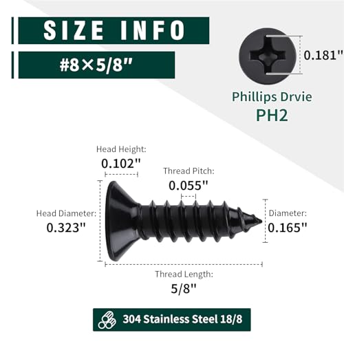 #8 x 5/8" Flat Head Phillips Sheet Metal Tek Screws, 304 Stainless Steel 18-8, Black Oxide Coated Finish, Corrosion Resistant Flat Head Wood Screws, 100 PCS - size: #8 x 5/8"
