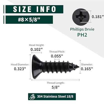#8 x 5/8" Flat Head Phillips Sheet Metal Tek Screws, 304 Stainless Steel 18-8, Black Oxide Coated Finish, Corrosion Resistant Flat Head Wood Screws, 100 PCS - size: #8 x 5/8"
