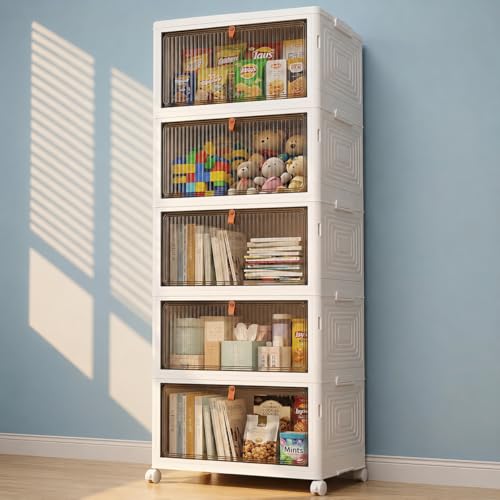 LDQ 170 Qt Large Storage Bins with Lids, 5 Tier Stackable Storage Cabinet with Wheels & Clear Doors, Foldable Plastic Closet Organizer for Bedroom, Bathroom & Kitchen - size: 5-layers