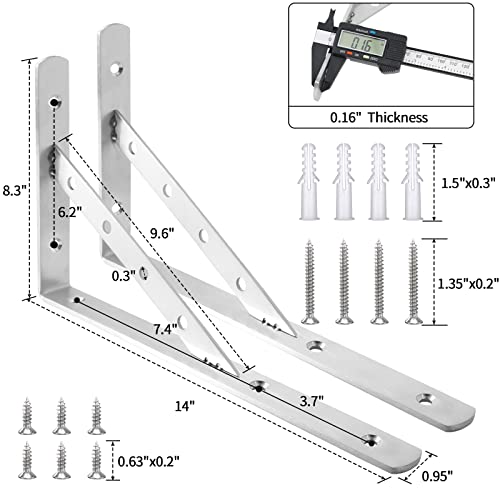 Solid Shelf Brackets 14 Inch,L Brackets Heavy Duty Shelf Brackets,Stainless Steel Angle Bracket Max Load 440lbs,Pack of 2 (Silver) - size: 14"(Solid Brackets-Silver)