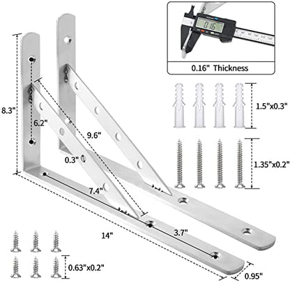Solid Shelf Brackets 14 Inch,L Brackets Heavy Duty Shelf Brackets,Stainless Steel Angle Bracket Max Load 440lbs,Pack of 2 (Silver) - size: 14"(Solid Brackets-Silver)
