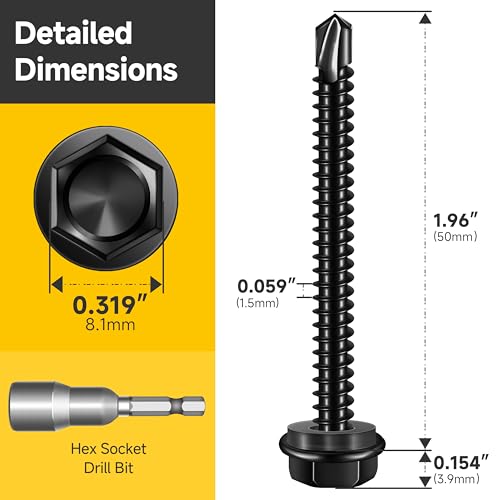 Mywish 50pcs #10 x 2 Self Drilling Screws for Metal, 410 Stainless Steel Hex Washer Head Self Drilling Screws, Black Oxided Self Tapping Sheet Metal Tek Screw Fast Tapping - size: #10x2"(50pcs)