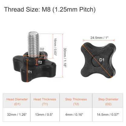 HARFINGTON 6pcs Star Clamping Knobs M8 x 16mm Metric Male Thread 32mm 4-Point Plastic Head Threaded Stud Knob Hand Tightening Thumb Screw Jig Handle, Black - size: M8 x 16mm x 32mm