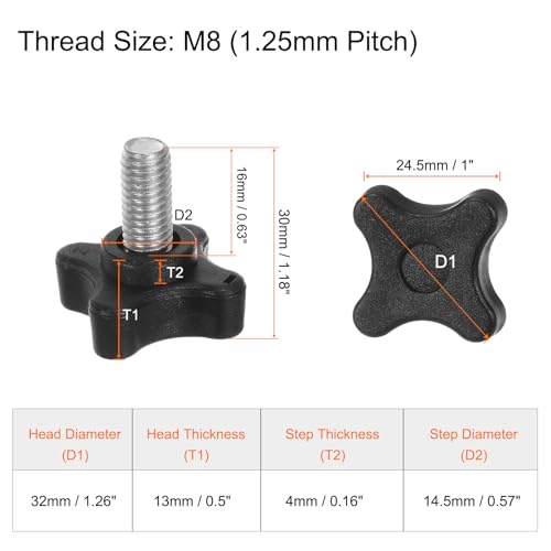 HARFINGTON 6pcs Star Clamping Knobs M8 x 16mm Metric Male Thread 32mm 4-Point Plastic Head Threaded Stud Knob Hand Tightening Thumb Screw Jig Handle, Black - size: M8 x 16mm x 32mm